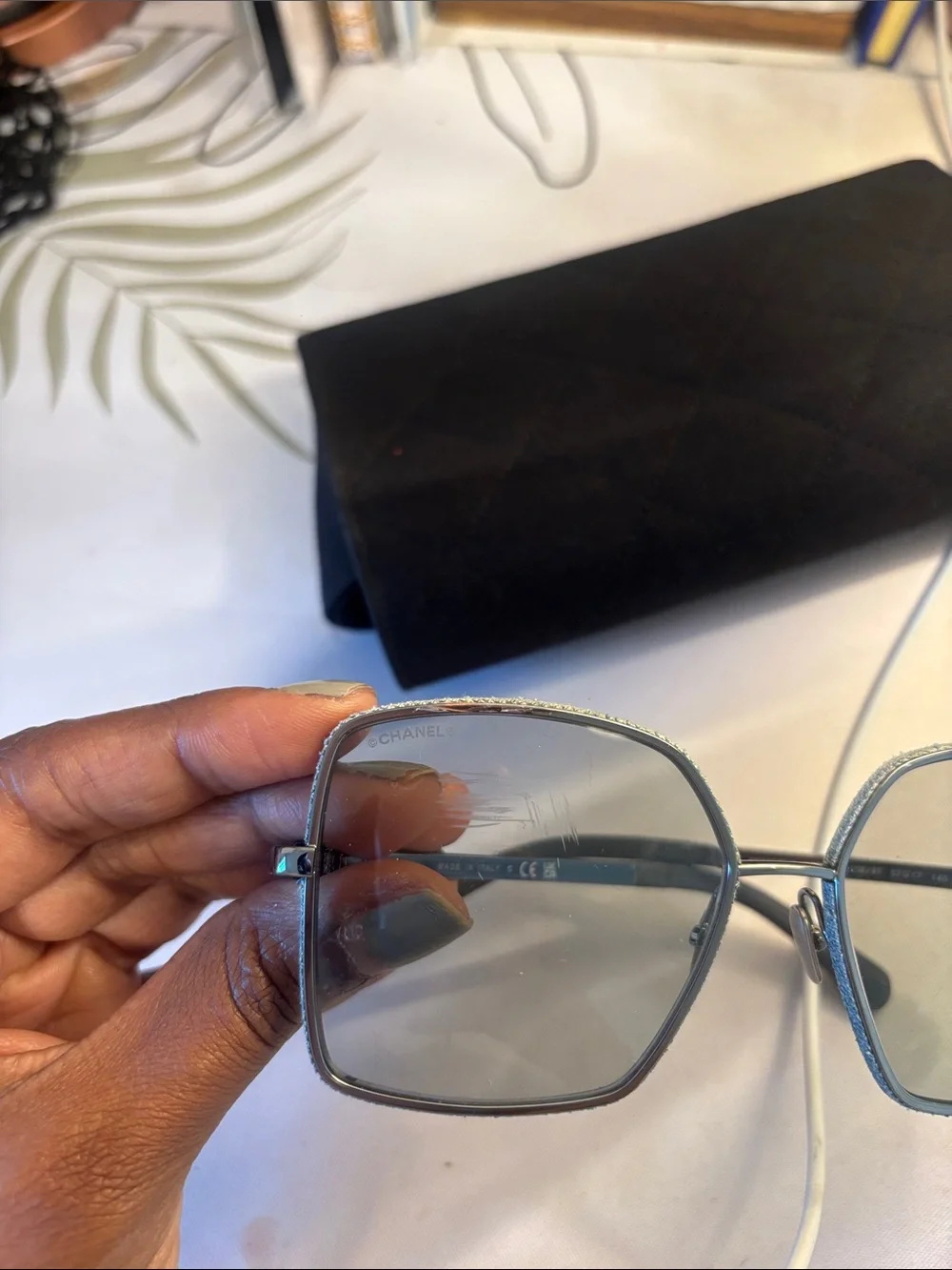 AUTHENTIC CHANEL Metal Oversized Square Sunglasses with Gray-Blue Lenses